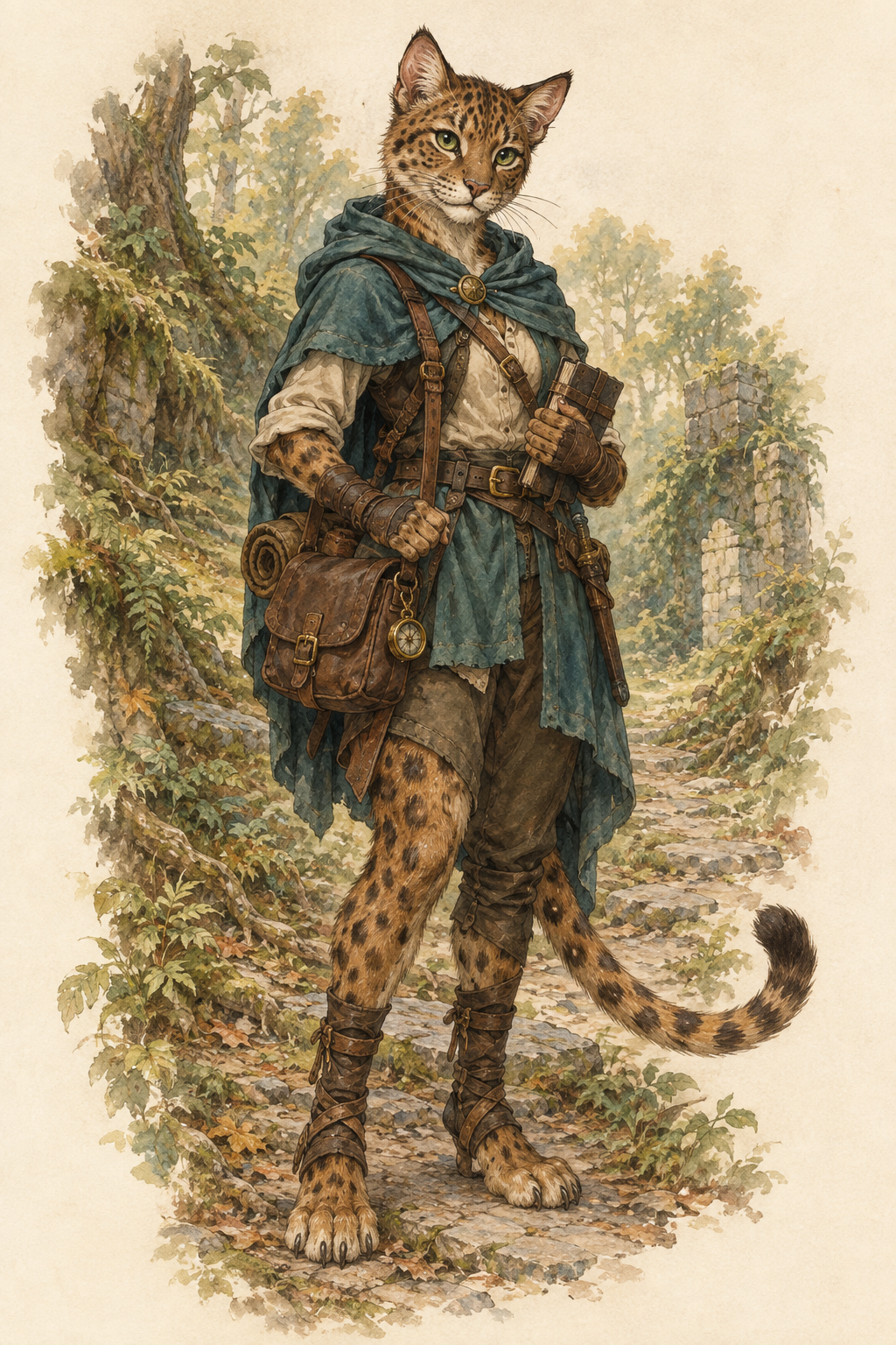 Tabaxi-Entdecker mit Reisemantel und Notizbuch auf einem Waldpfad