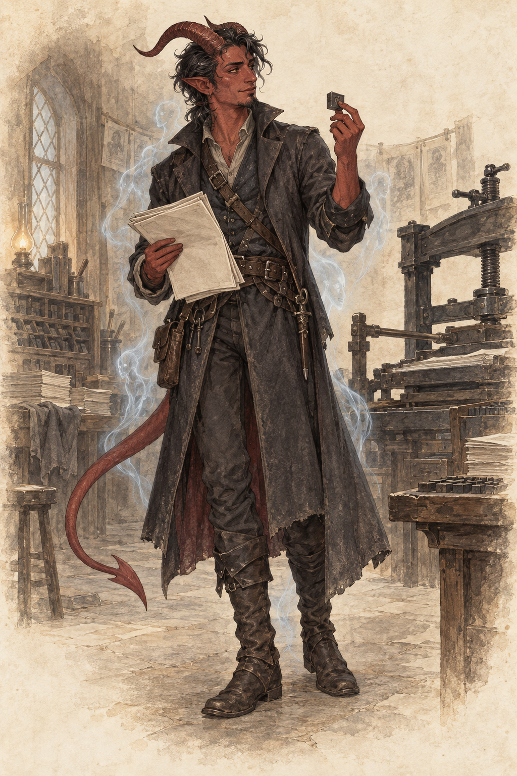 Tiefling als Phantom-Schurke in einer alten Druckerei