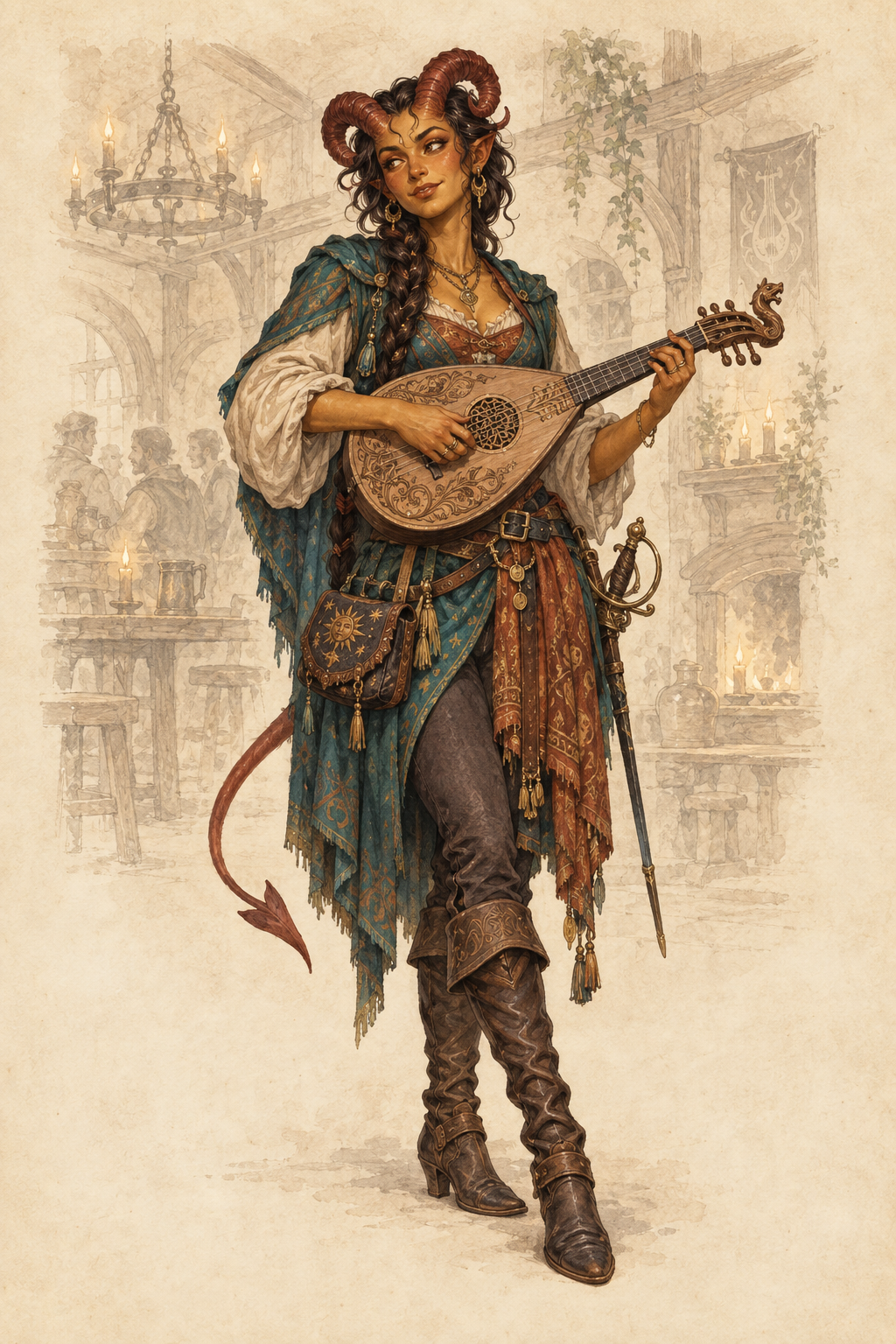 Tiefling-Bardin mit Laute