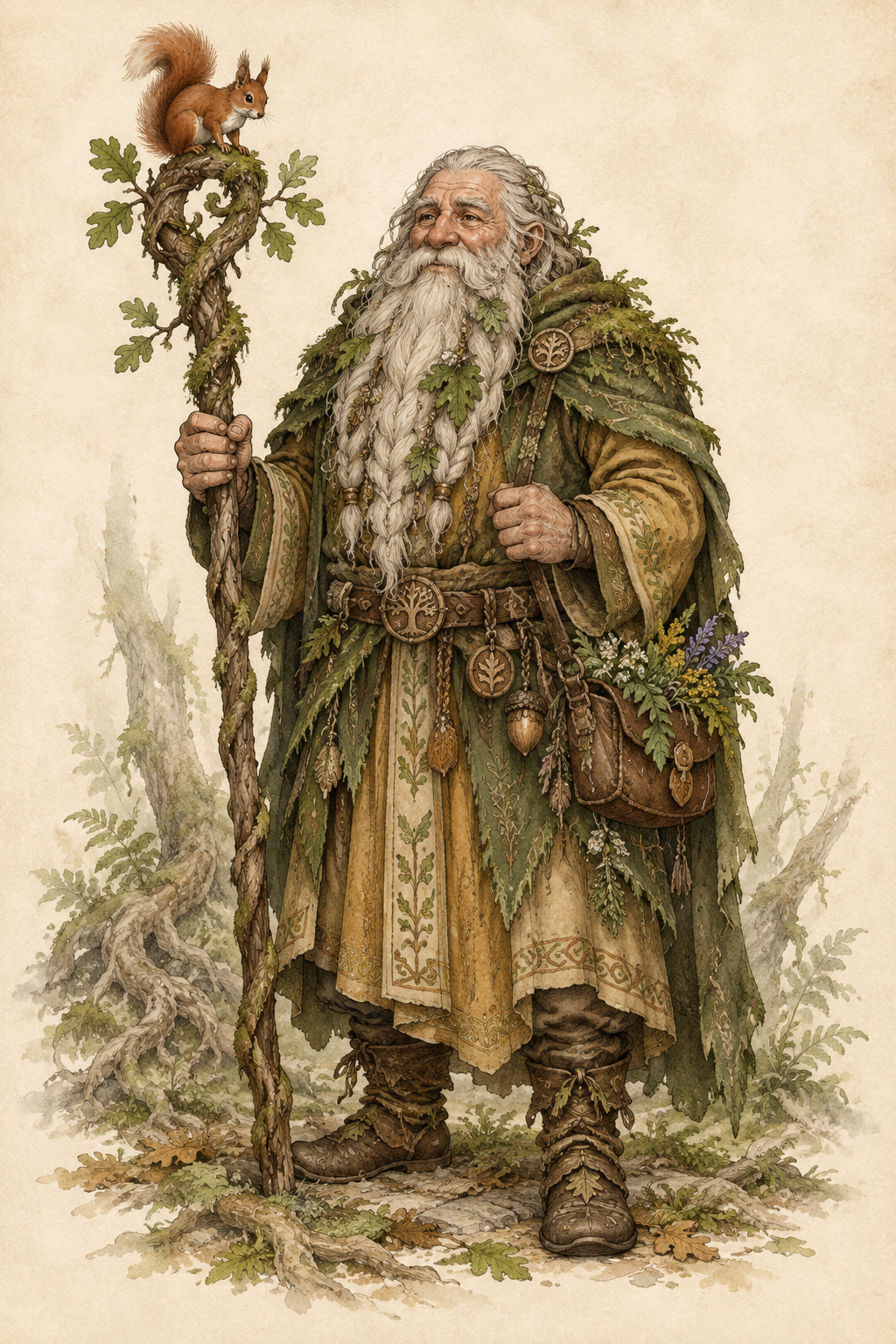 Zwergischer Druide mit Naturstab und Eichhörnchen