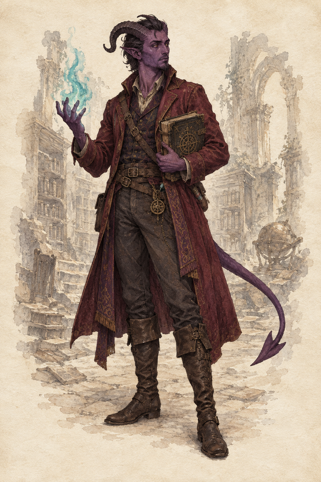 Tiefling-Hexenmeister mit türkisfarbener Paktmagie