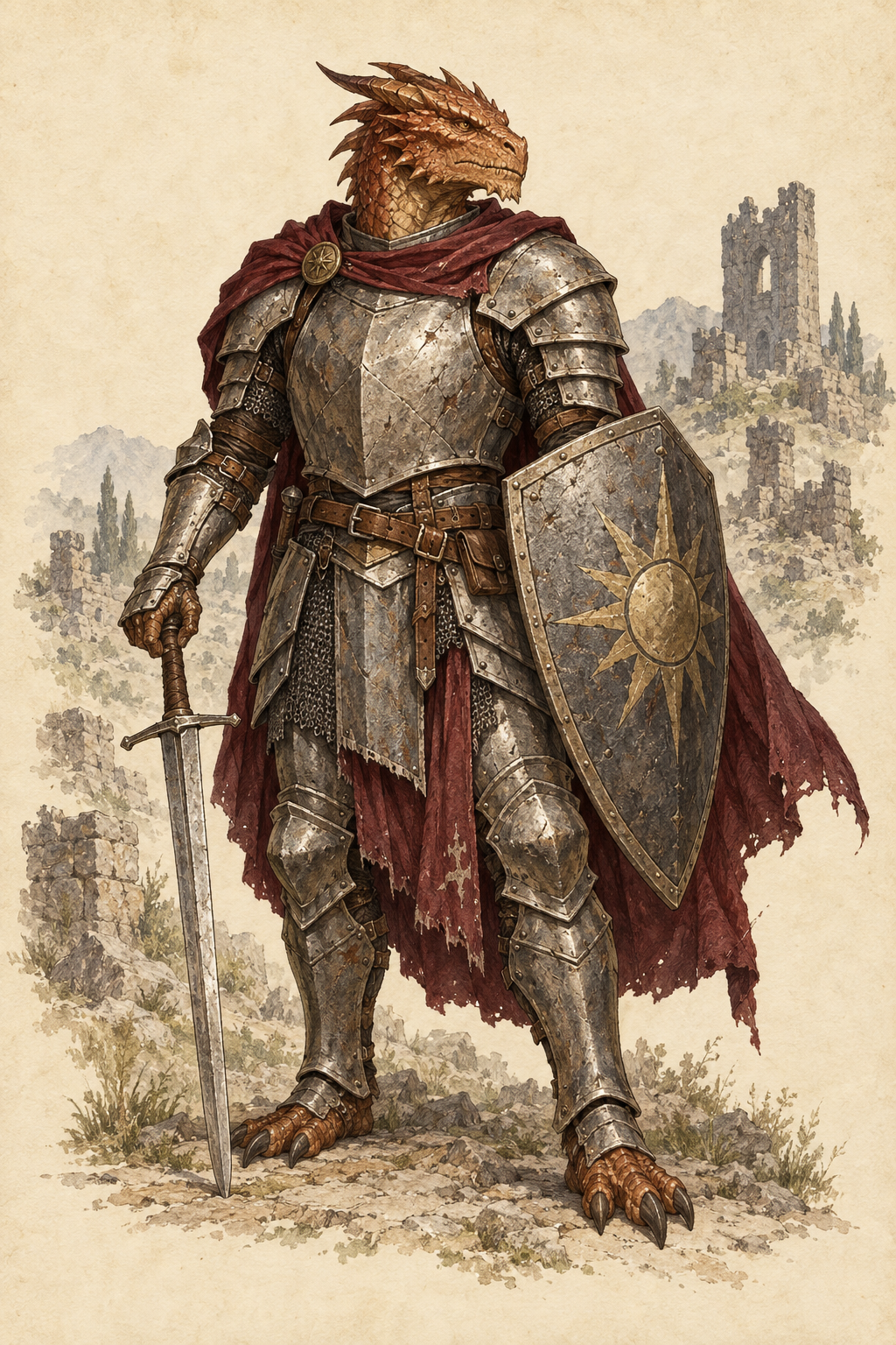 Drachengeborener Kämpfer mit Schwert und Schild