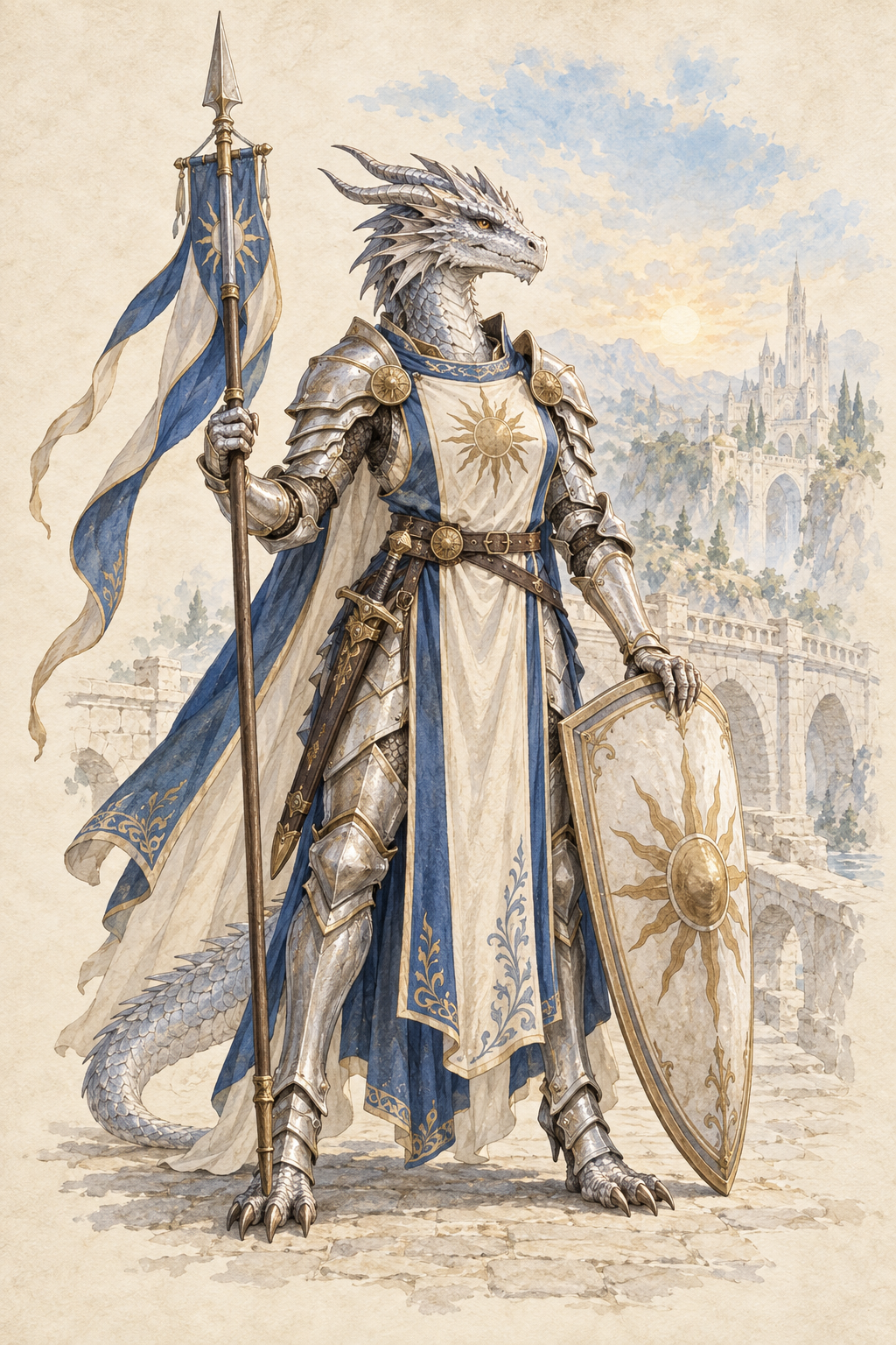 Silberne drachengeborene Paladin mit Banner und Schild