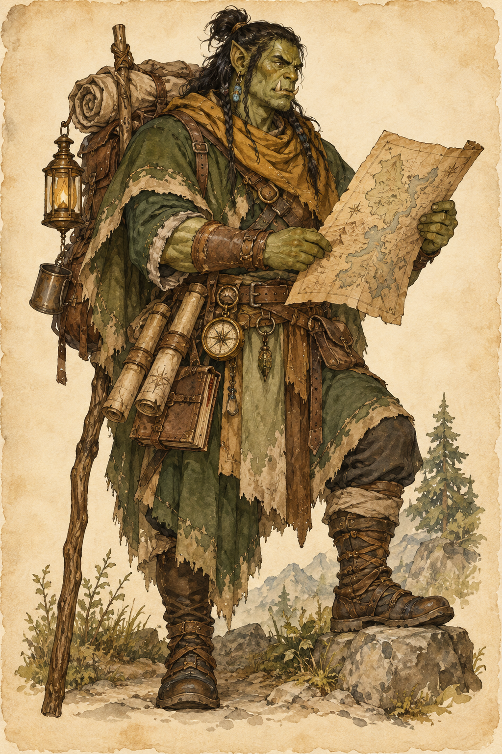 Originalillustration eines Ork-Kartografen mit Reisekarte